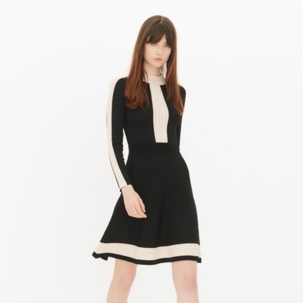 Sandro DAISY Contrast Trim Knit Long Sleeve Fit and Flare Dress in black
